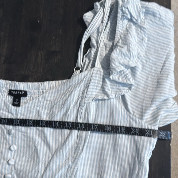 Torrid Blue Stripe Ruffle Shoulder Milkmaid Mini Dress Smocked Back Size 3X - Picture 7 of 9